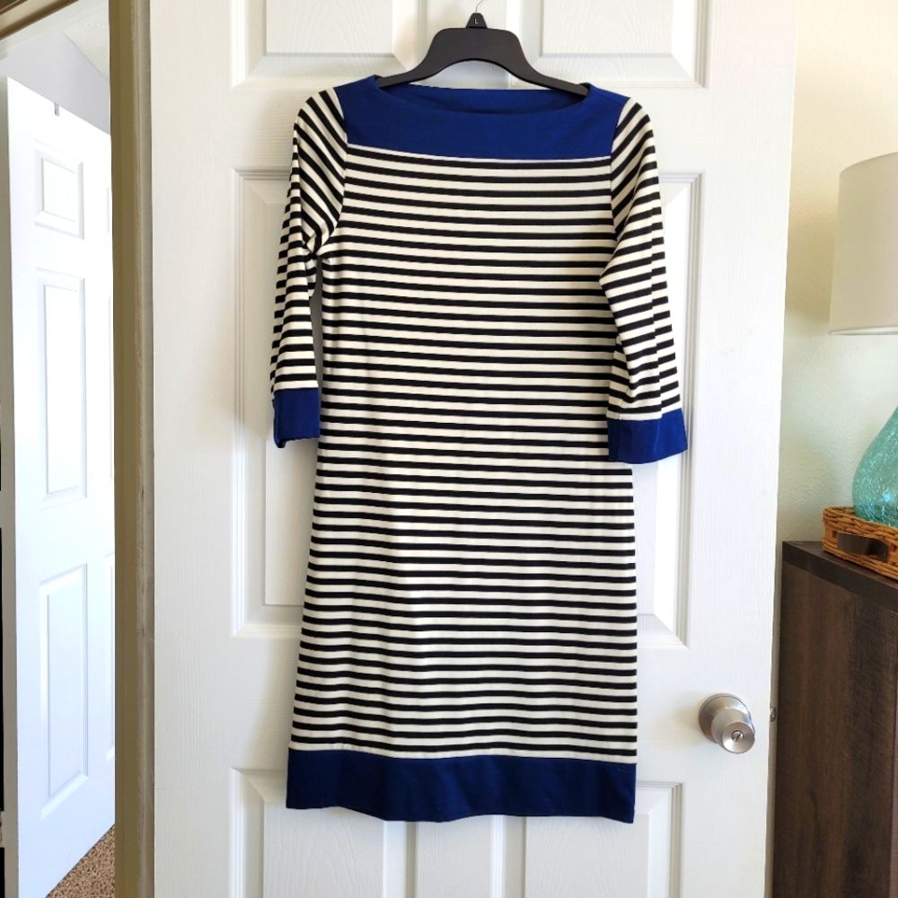 Isaac Mizrahi striped stretchy boatneck 3/4 sleeve winter casual dress Sz S